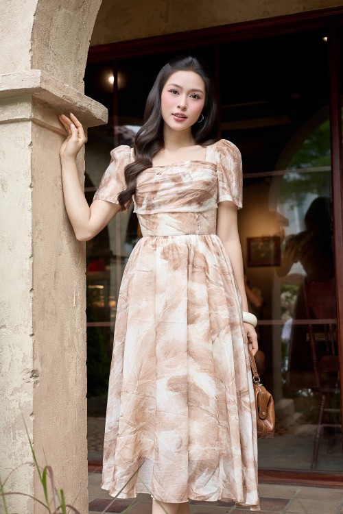 Sixdo Brownish Beige Organza Flared Dress